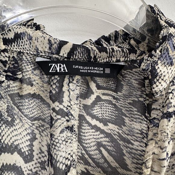 Zara Snake Print Blouse XS Sheer Chiffon V Neck Bling Cuff Button Work Sexy Top - Picture 7 of 14
